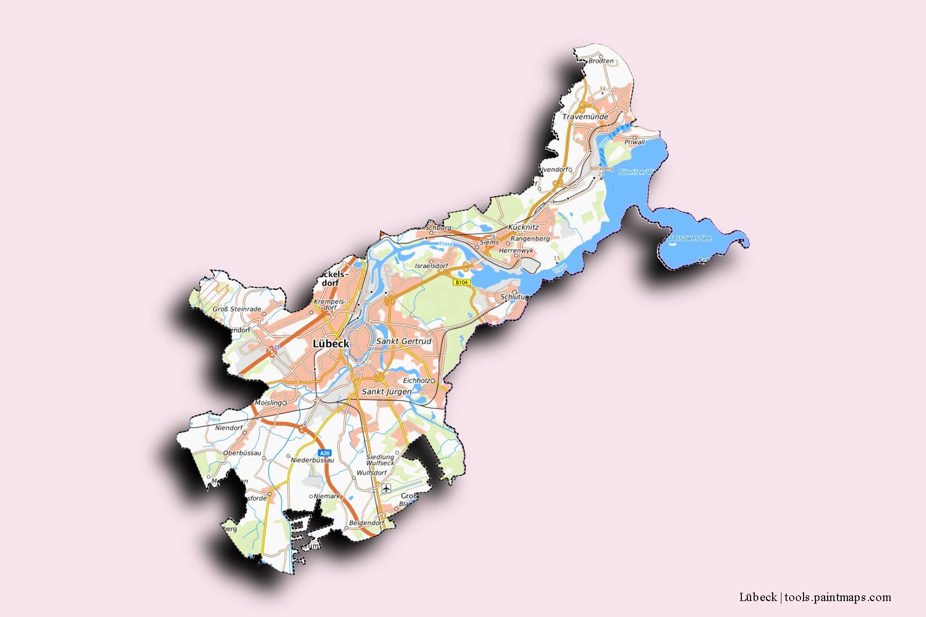 Lübeck neighborhoods and villages map with 3D shadow effect