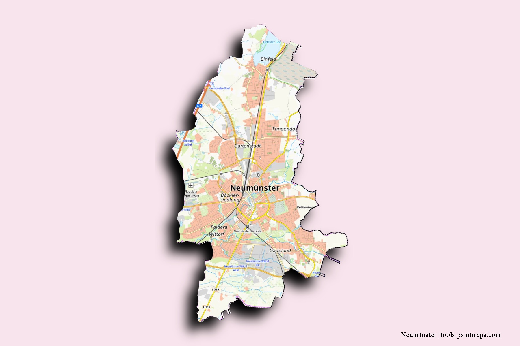 Mapa de barrios y pueblos de Neumünster con efecto de sombra 3D