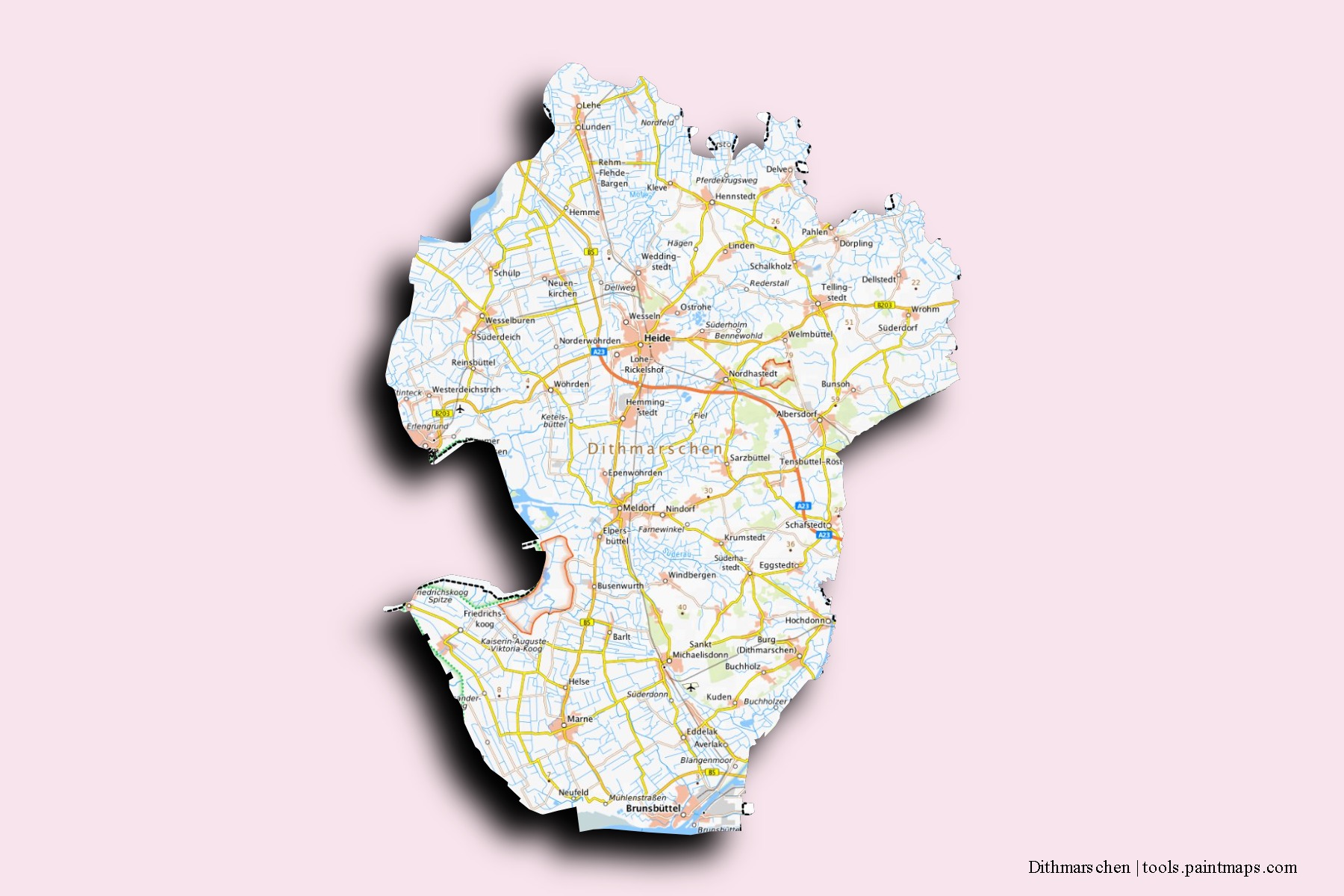 Dithmarschen neighborhoods and villages map with 3D shadow effect