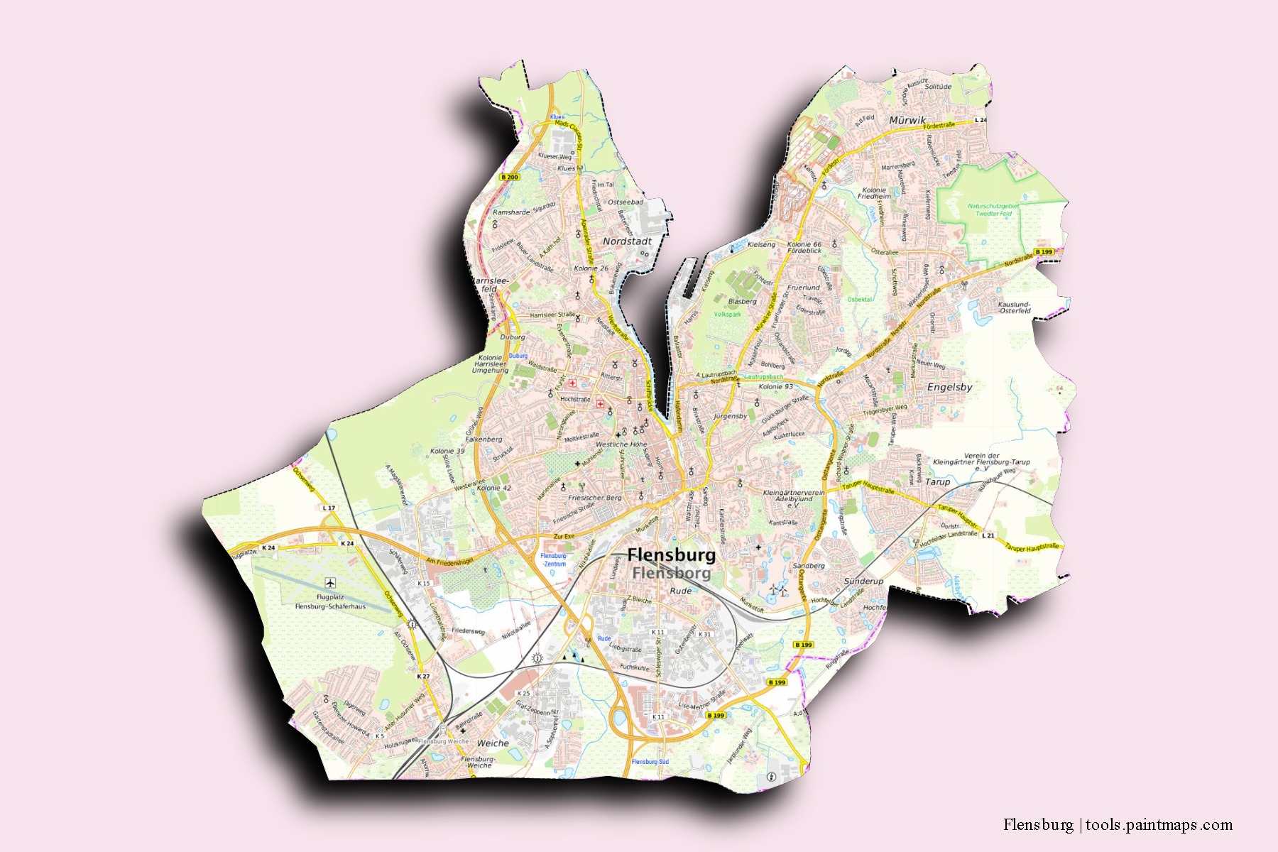 Flensburg neighborhoods and villages map with 3D shadow effect