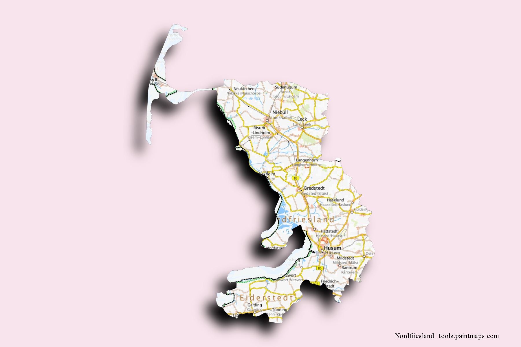 Nordfriesland neighborhoods and villages map with 3D shadow effect