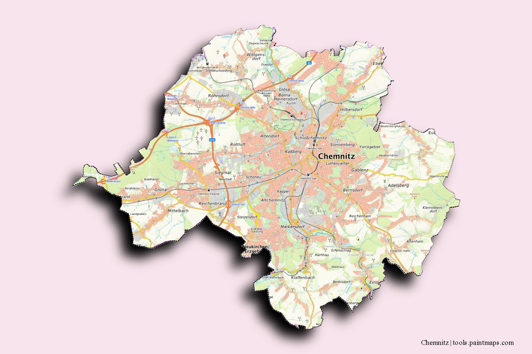 Chemnitz neighborhoods and villages map with 3D shadow effect