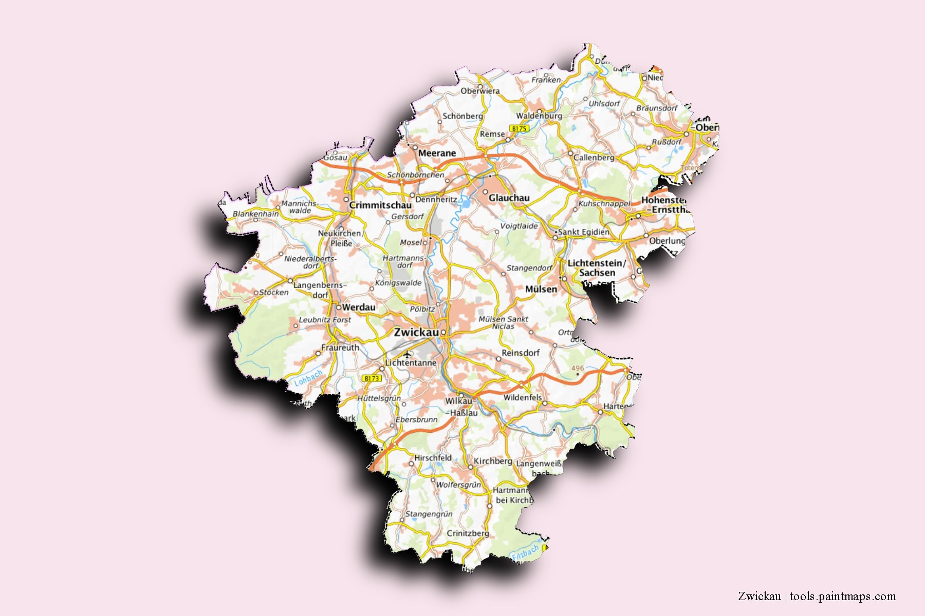 Zwickau neighborhoods and villages map with 3D shadow effect