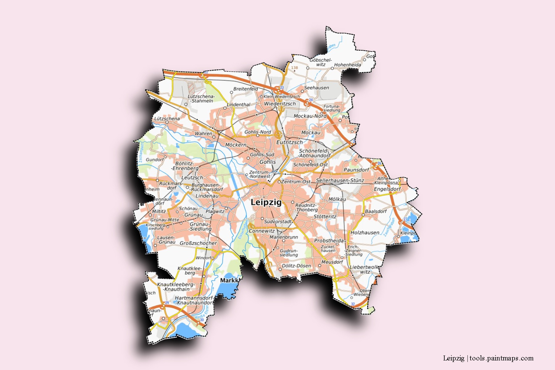 Mapa de barrios y pueblos de Leipzig con efecto de sombra 3D