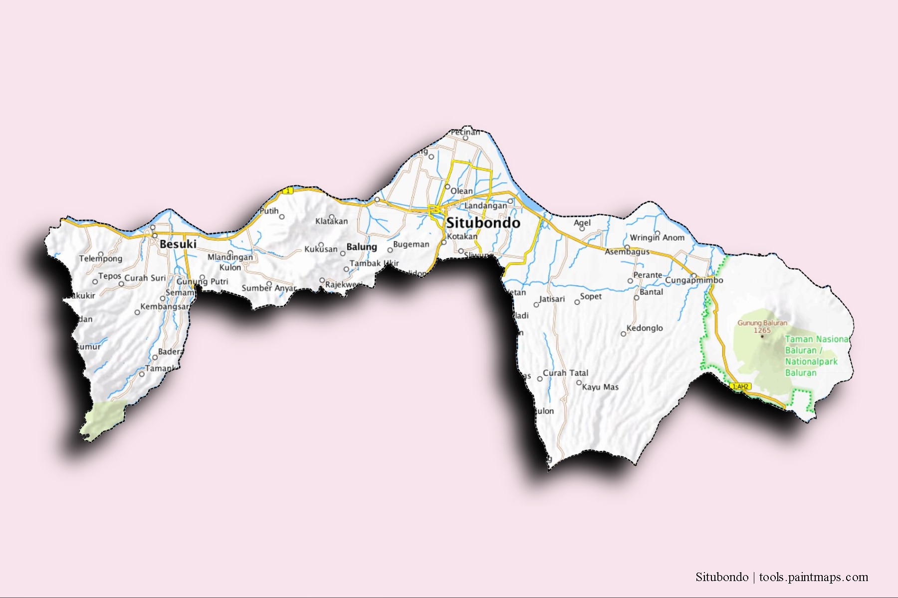 Situbondo neighborhoods and villages map with 3D shadow effect