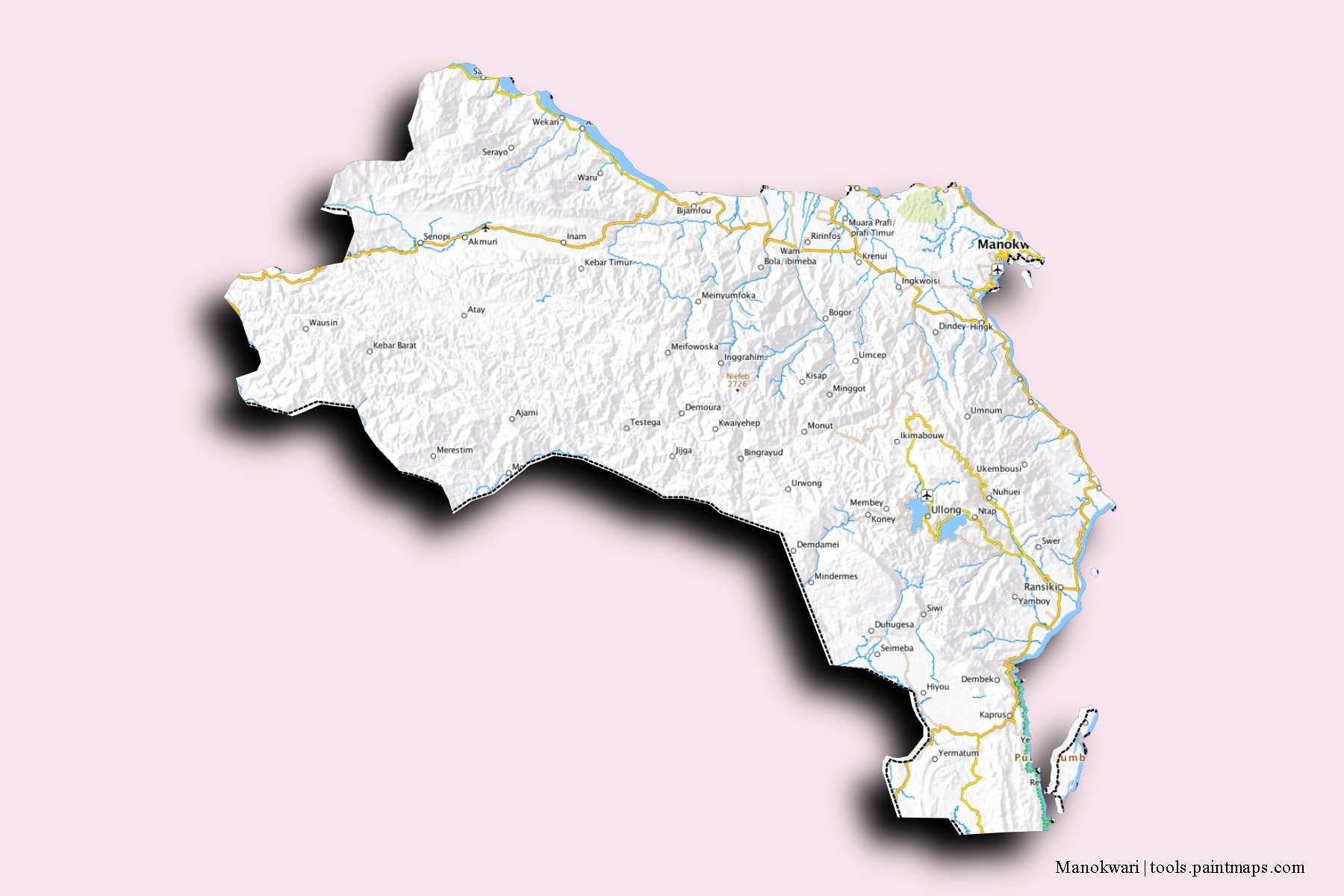 Mapa de barrios y pueblos de Manokwari con efecto de sombra 3D