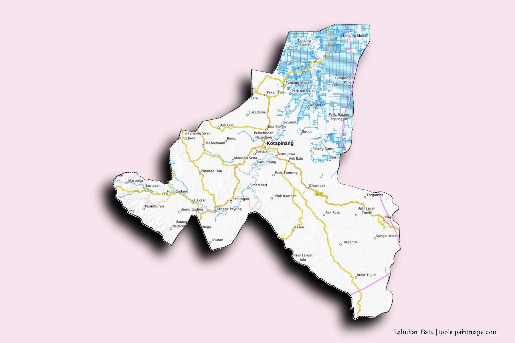 Mapa de barrios y pueblos de Labuhan Batu con efecto de sombra 3D