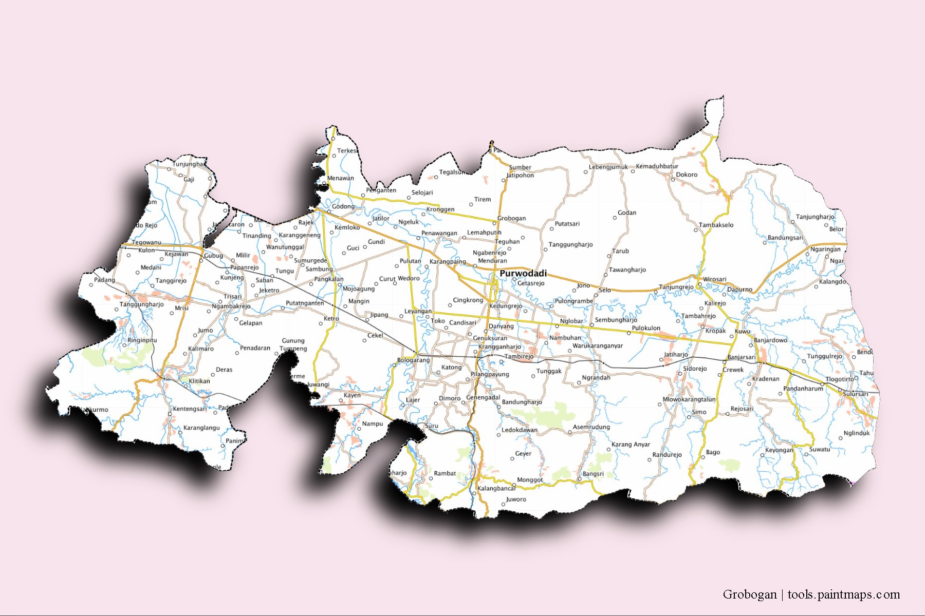 Grobogan neighborhoods and villages map with 3D shadow effect