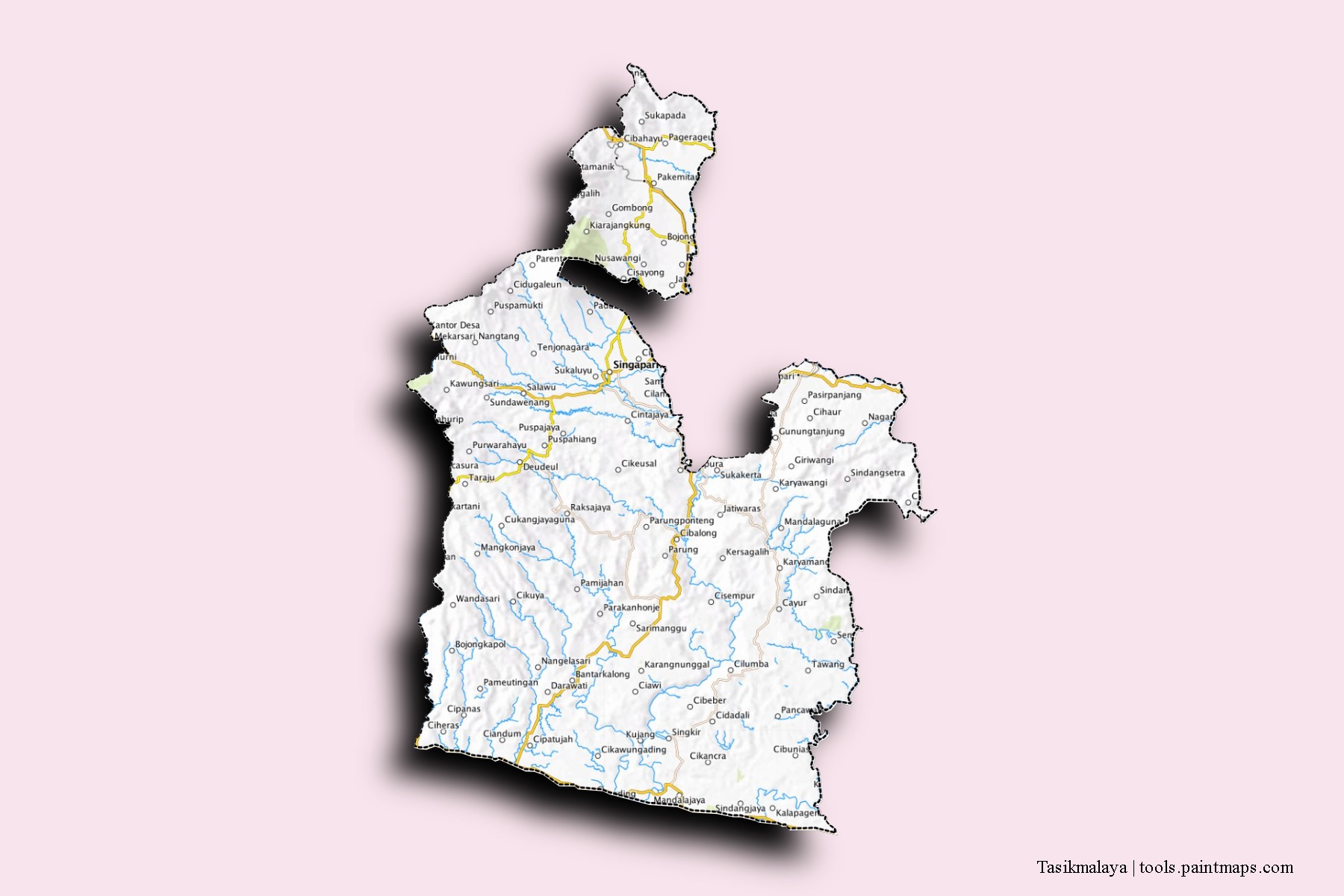 Tasikmalaya neighborhoods and villages map with 3D shadow effect