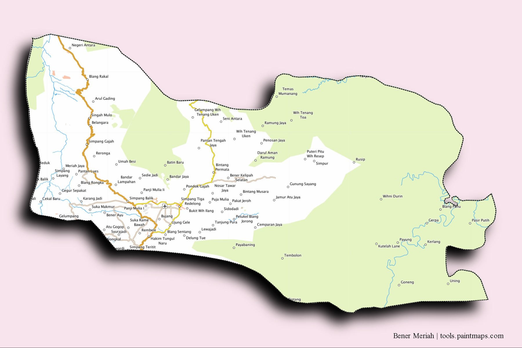 Mapa de barrios y pueblos de Bener Meriah con efecto de sombra 3D