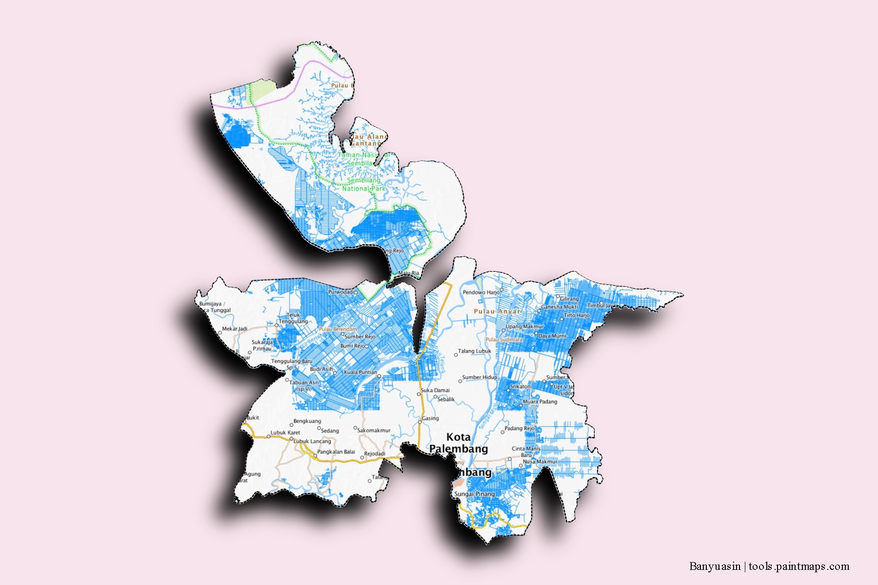 Banyuasin neighborhoods and villages map with 3D shadow effect