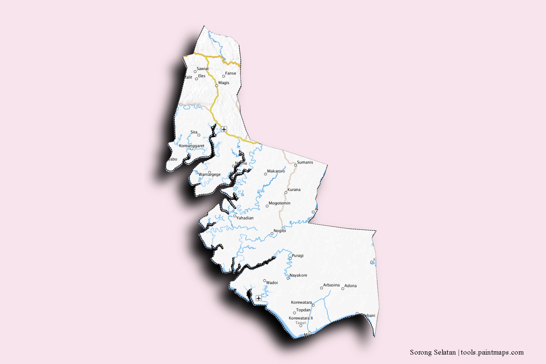 Sorong Selatan neighborhoods and villages map with 3D shadow effect