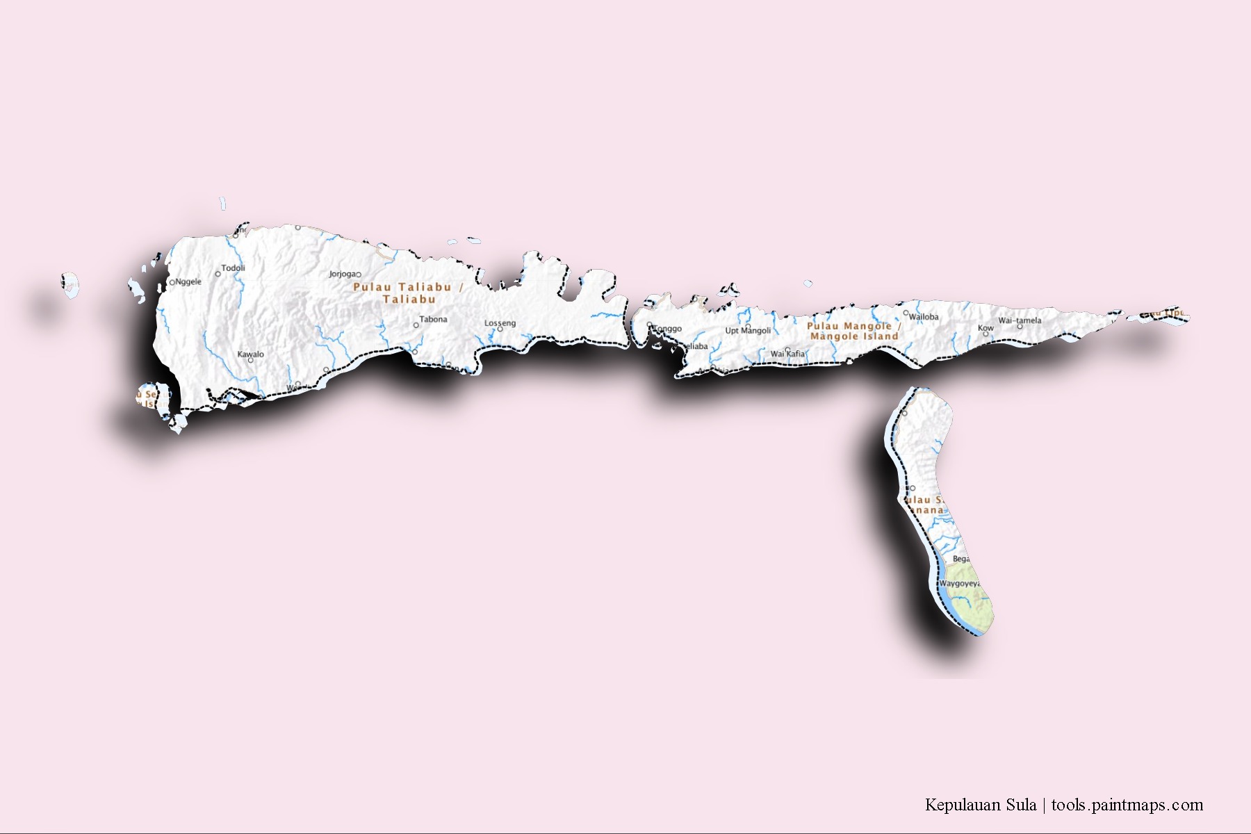 Kepulauan Sula neighborhoods and villages map with 3D shadow effect