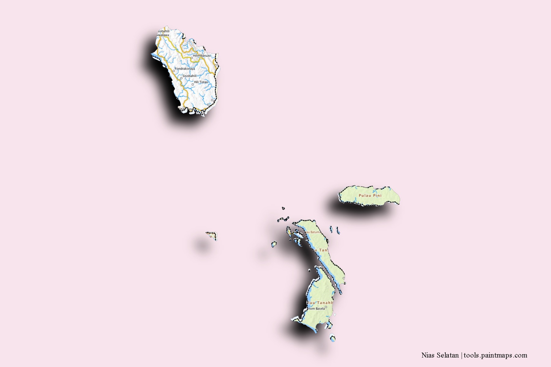 Mapa de barrios y pueblos de Nias Selatan con efecto de sombra 3D