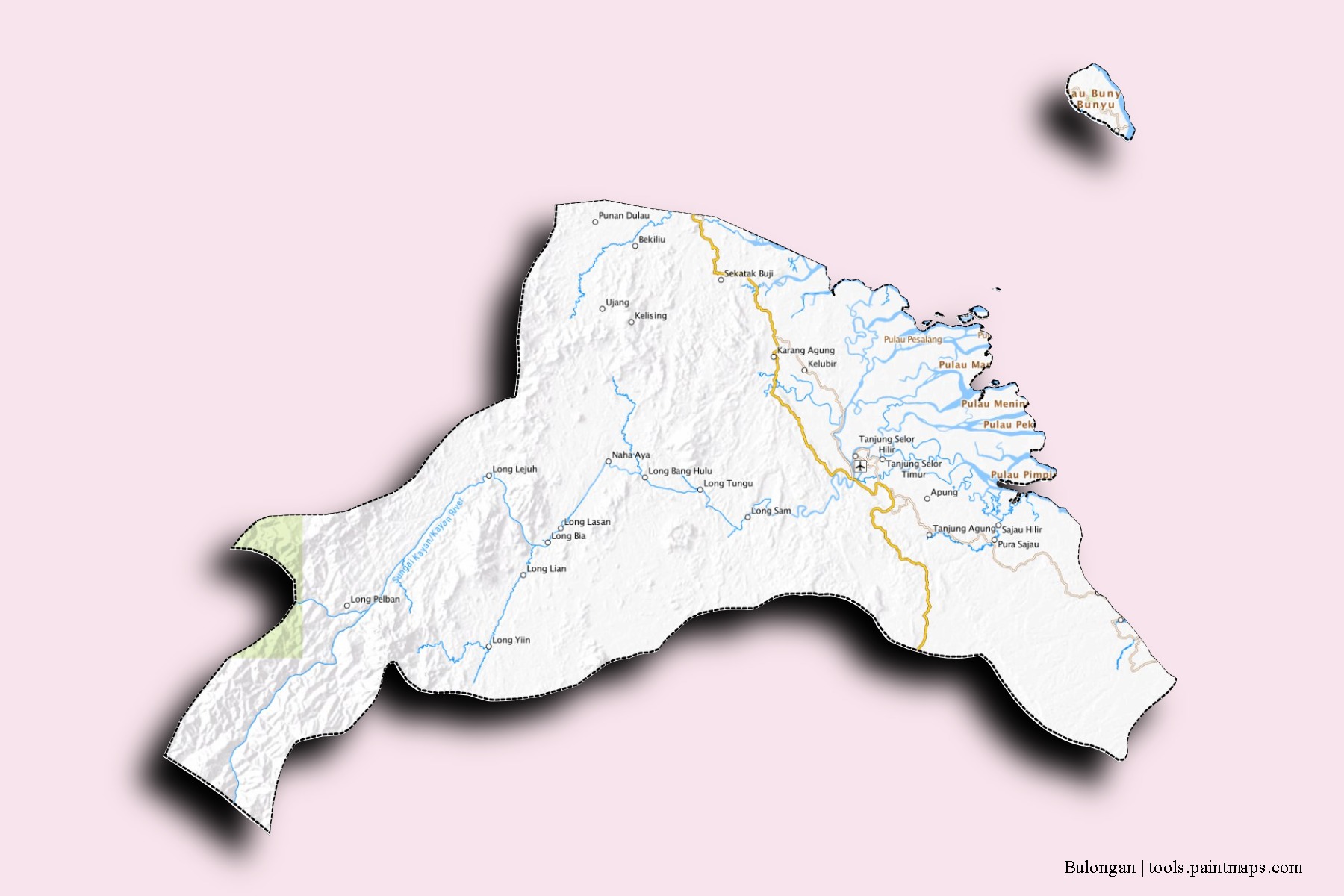 3D gölge efektli Bulongan mahalleleri ve köyleri haritası