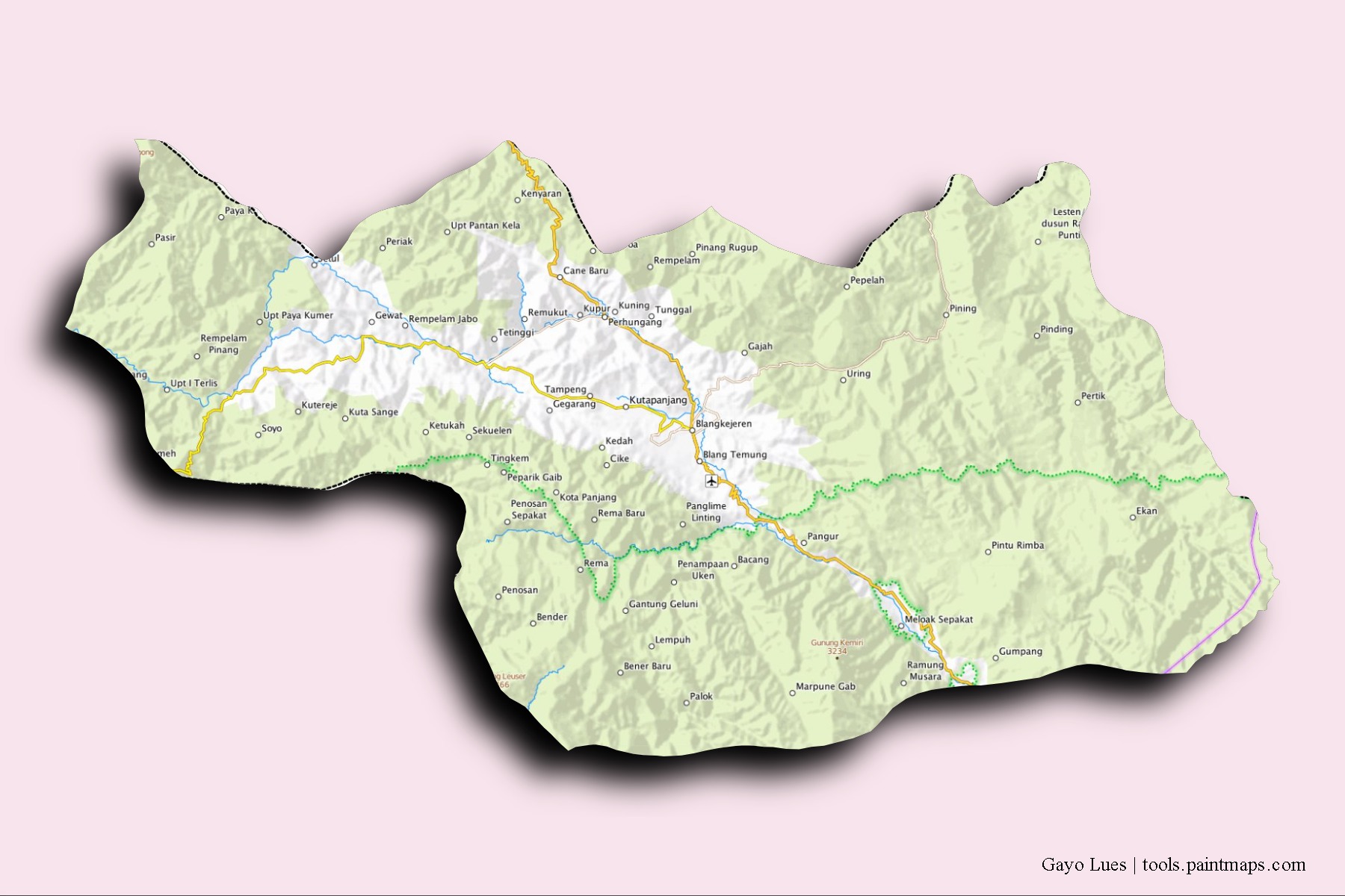 Mapa de barrios y pueblos de Gayo Lues con efecto de sombra 3D