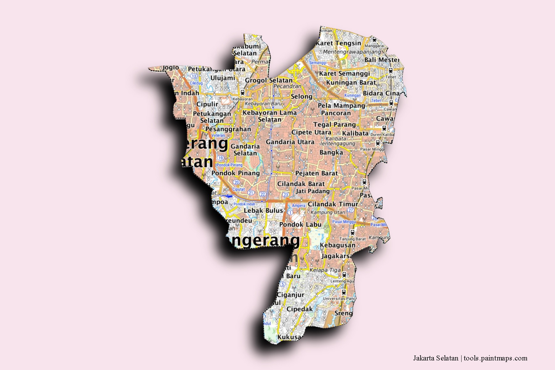 Jakarta Selatan neighborhoods and villages map with 3D shadow effect