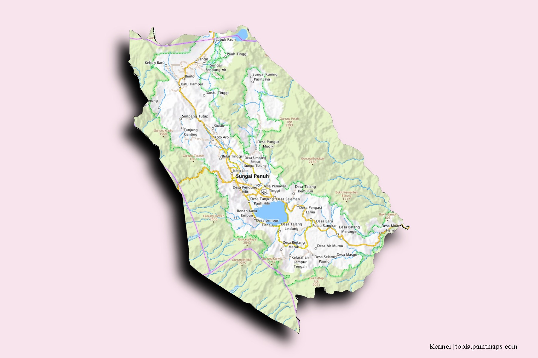 Mapa de barrios y pueblos de Kerinci con efecto de sombra 3D