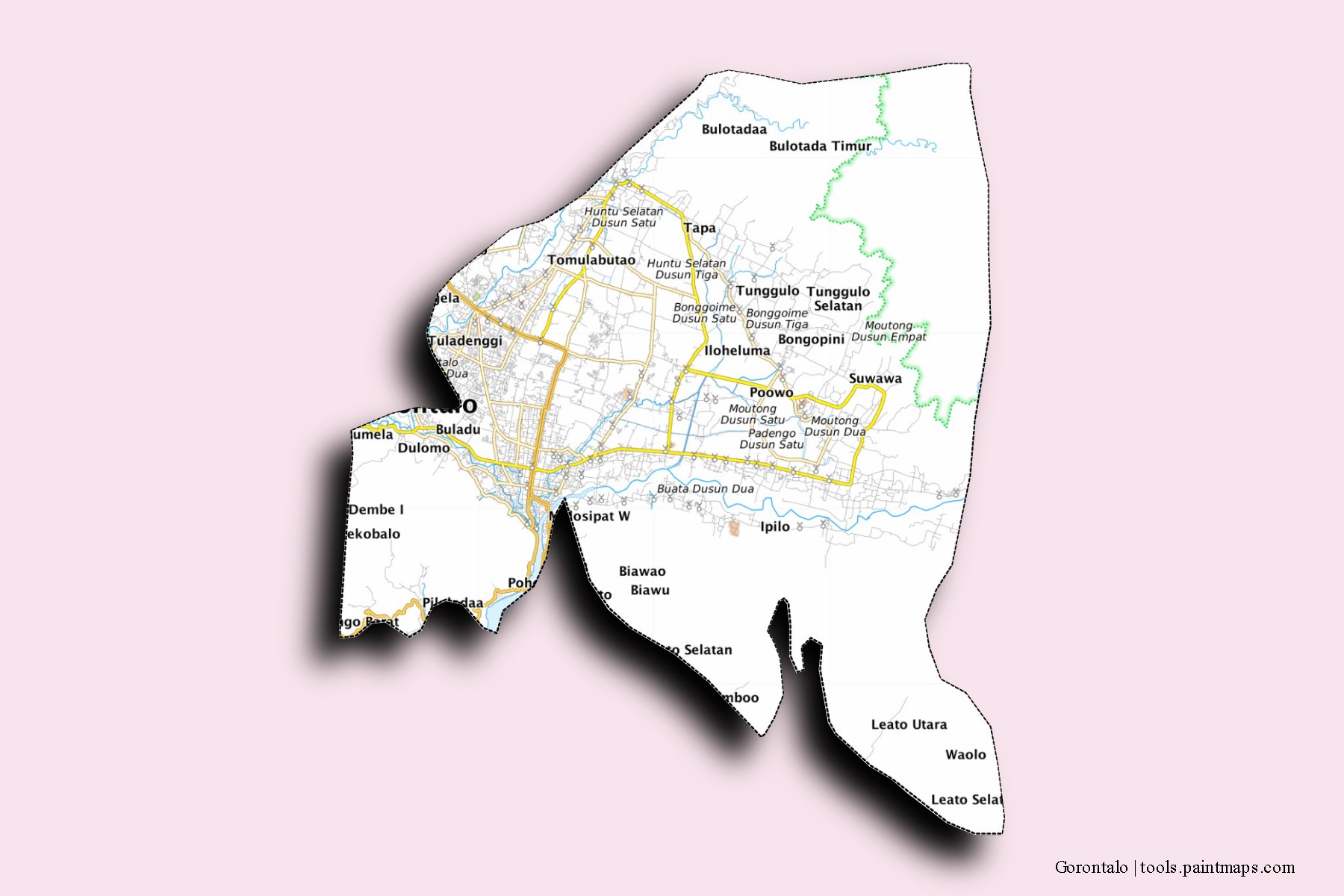 Gorontalo neighborhoods and villages map with 3D shadow effect