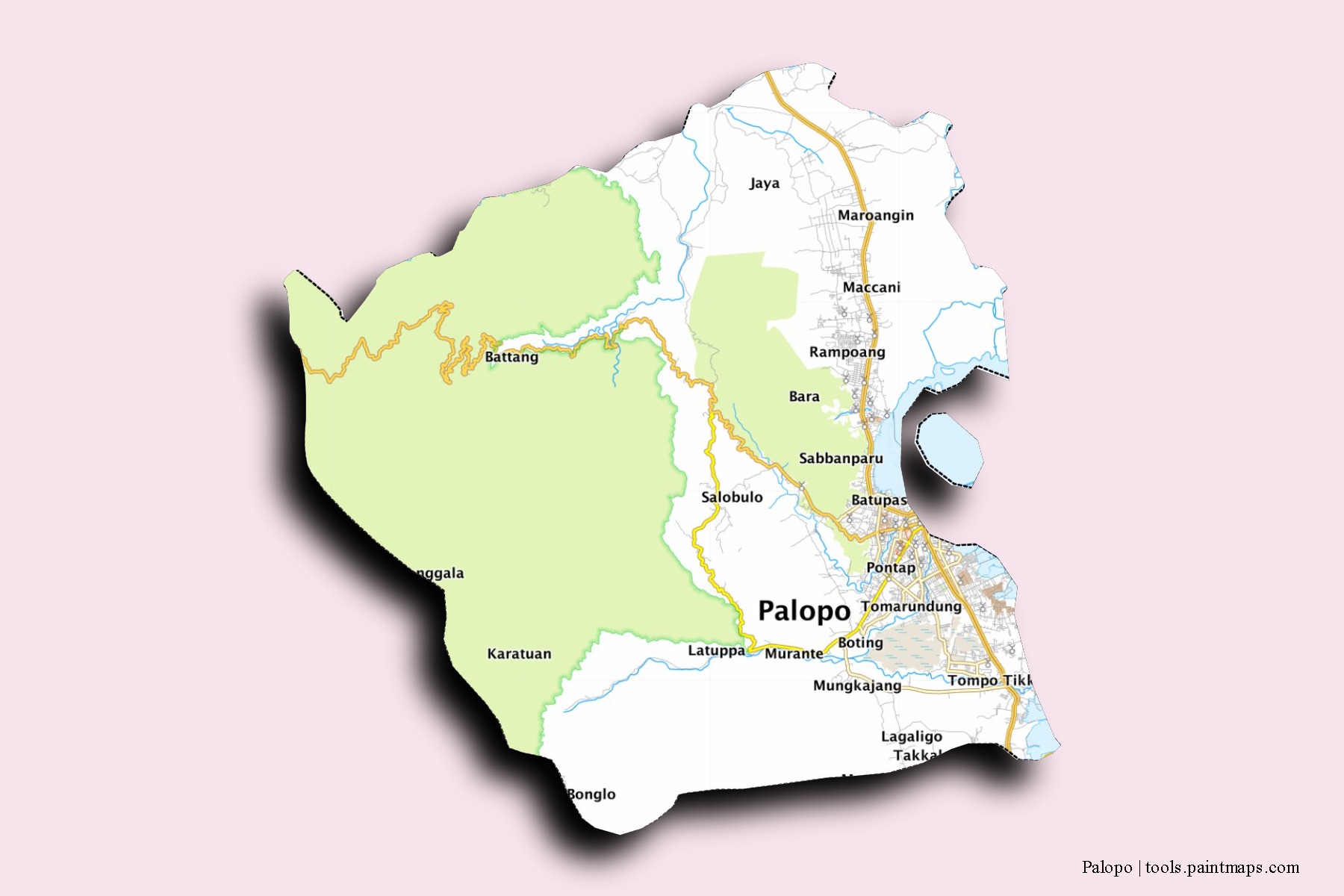 Mapa de barrios y pueblos de Palopo con efecto de sombra 3D