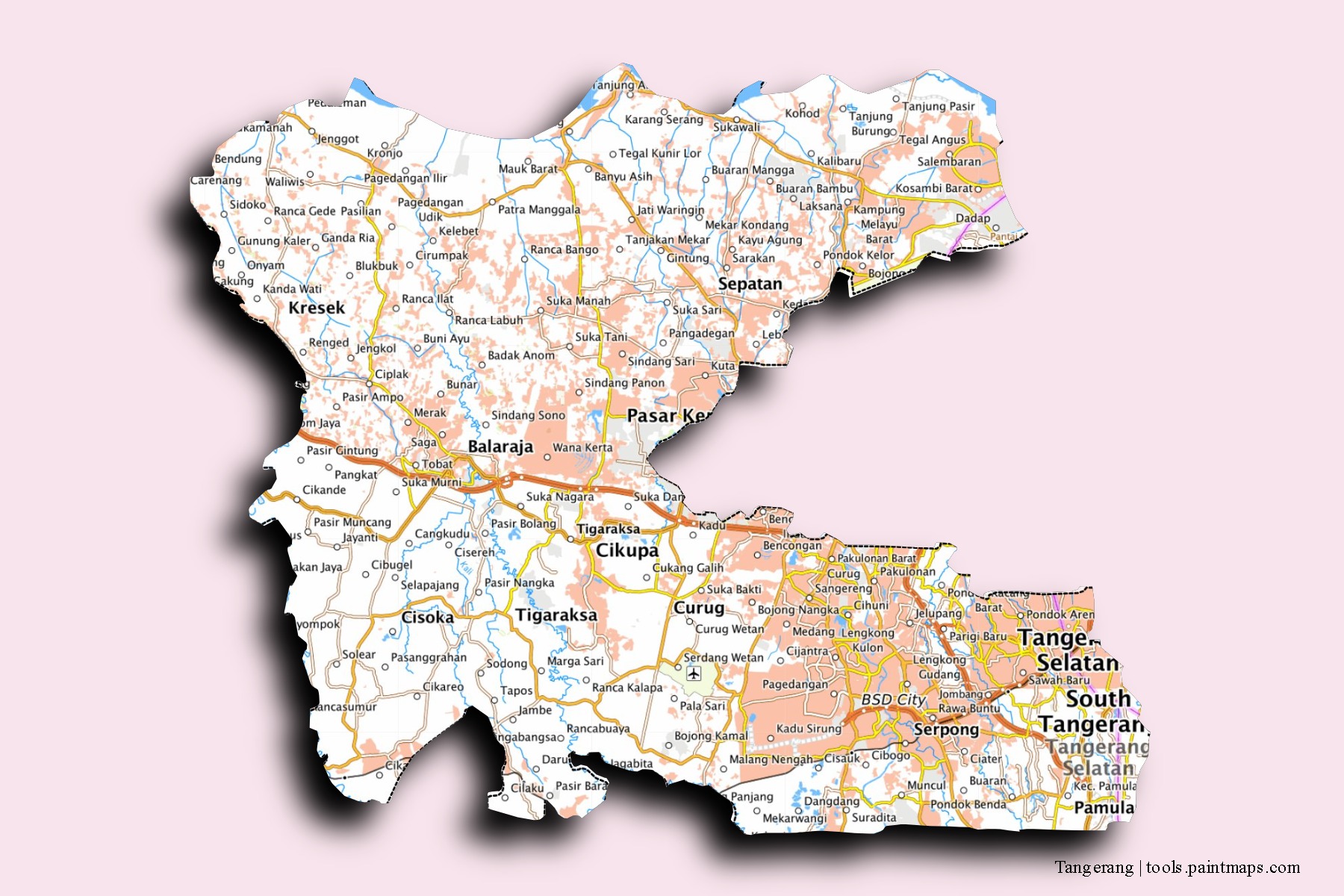 Mapa de barrios y pueblos de Tangerang con efecto de sombra 3D