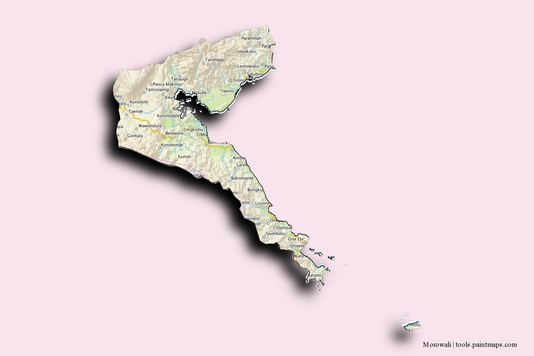 Mapa de barrios y pueblos de Morowali con efecto de sombra 3D