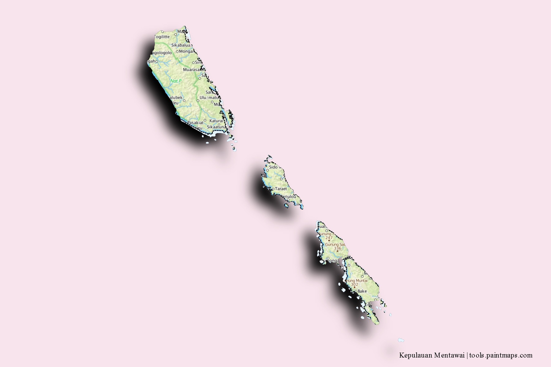 Kepulauan Mentawai neighborhoods and villages map with 3D shadow effect