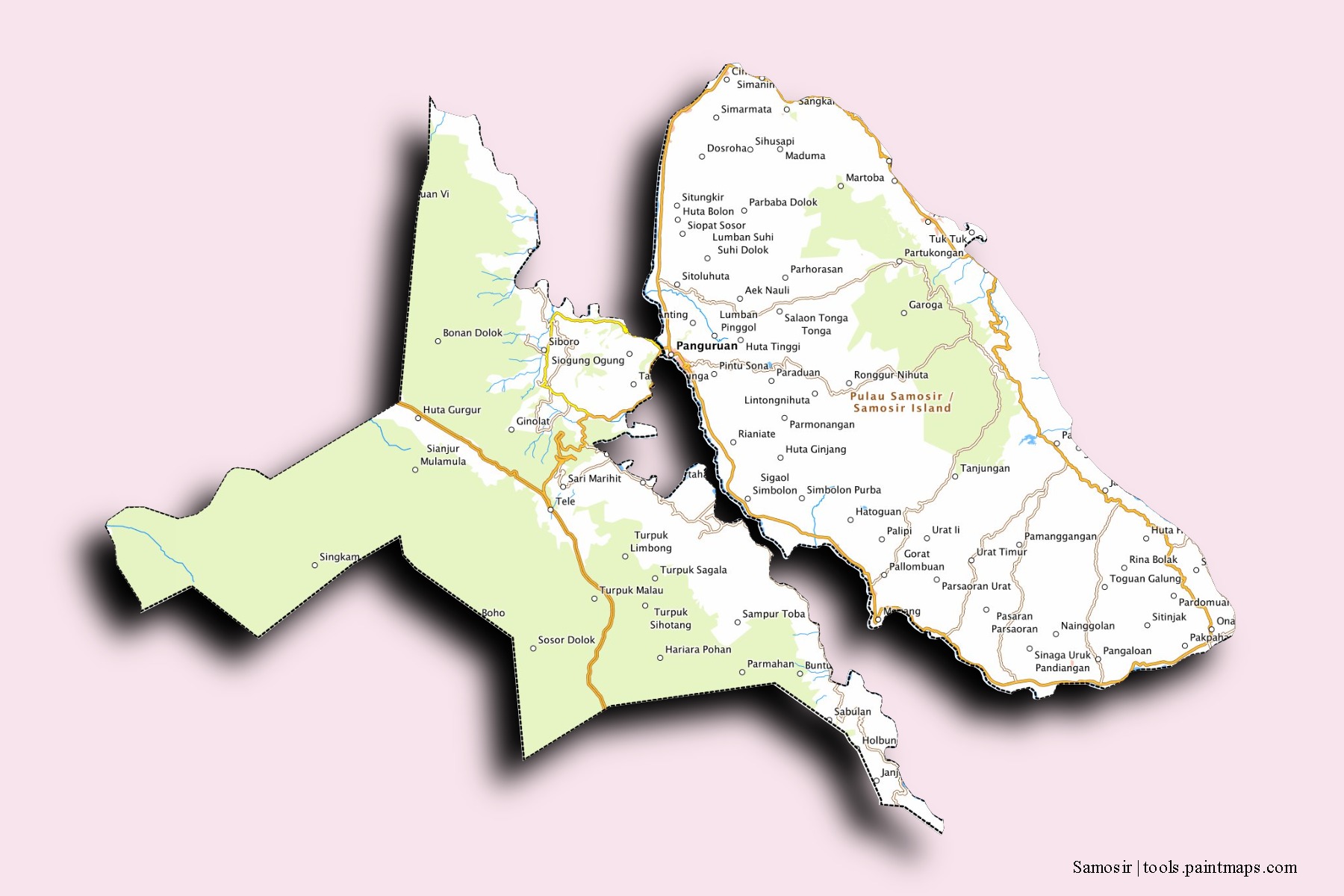 Samosir neighborhoods and villages map with 3D shadow effect