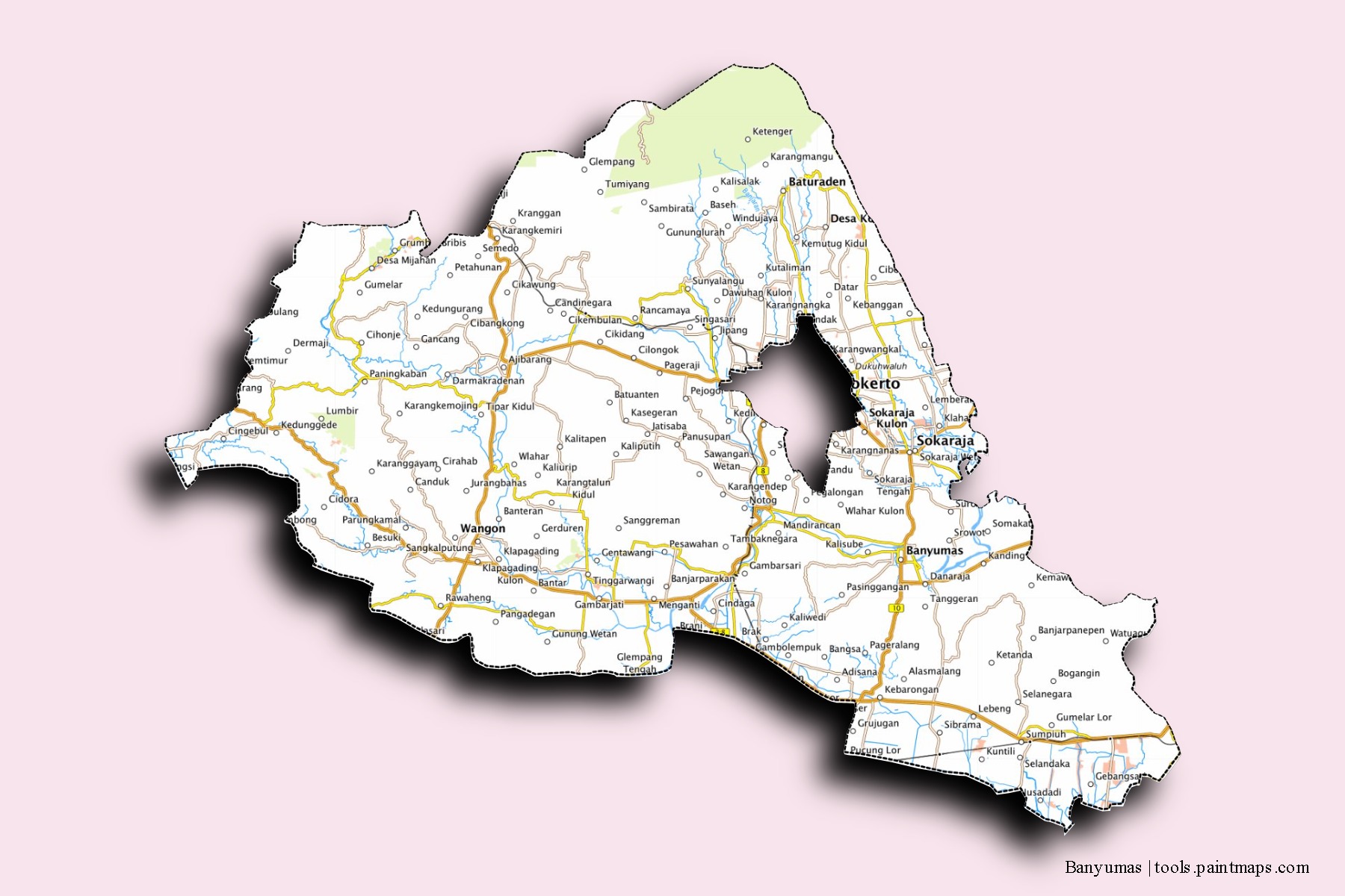 Mapa de barrios y pueblos de Banyumas con efecto de sombra 3D