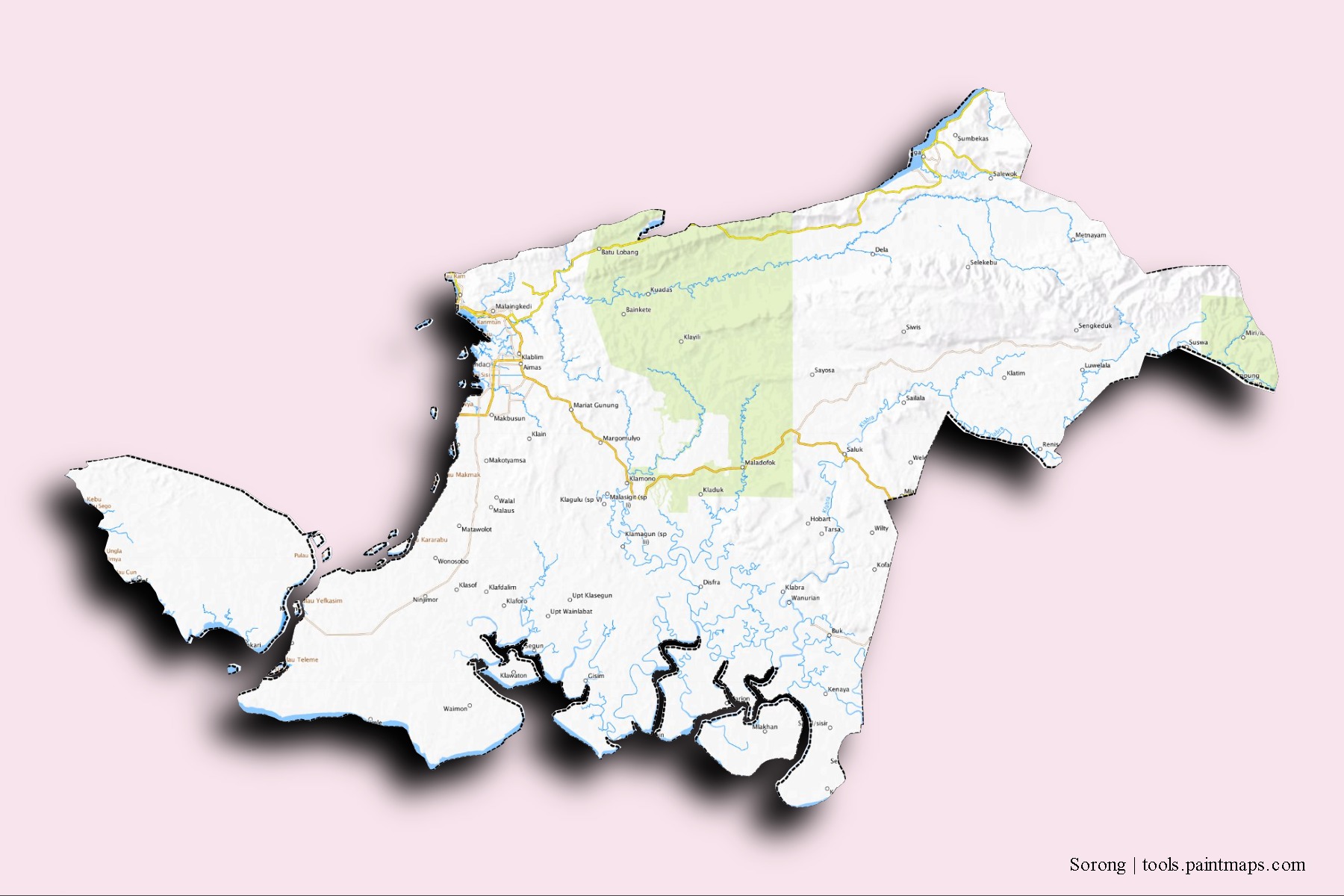 Mapa de barrios y pueblos de Sorong con efecto de sombra 3D