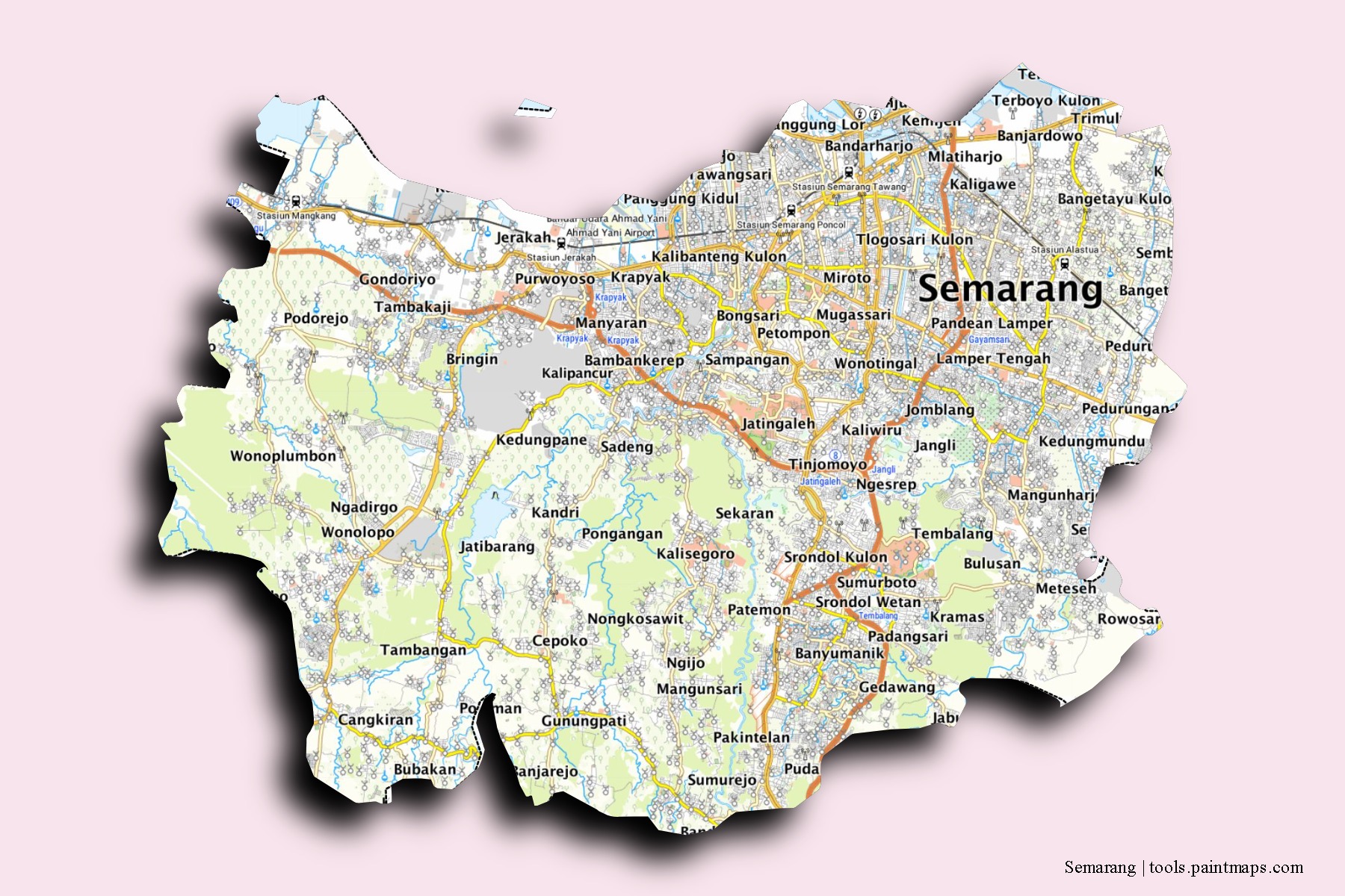 Semarang neighborhoods and villages map with 3D shadow effect