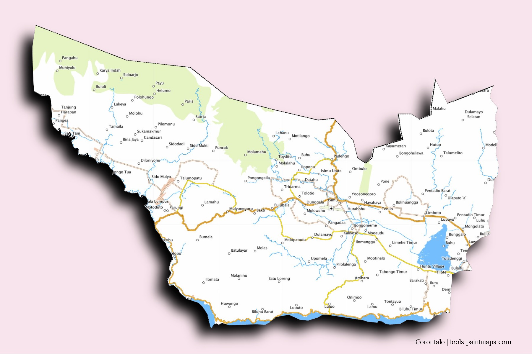 3D gölge efektli Gorontalo mahalleleri ve köyleri haritası