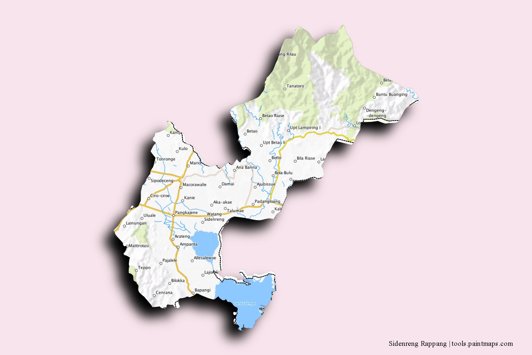 Sidenreng Rappang neighborhoods and villages map with 3D shadow effect