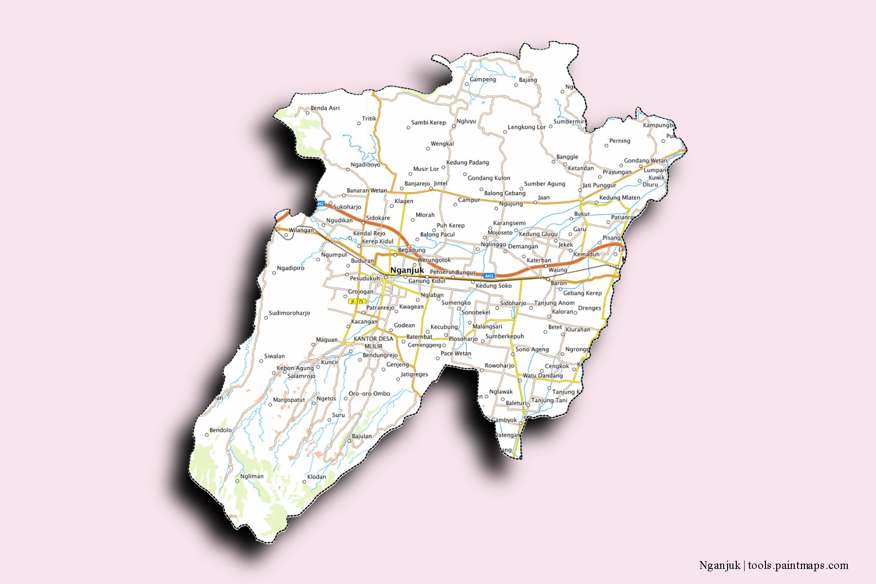 Mapa de barrios y pueblos de Nganjuk con efecto de sombra 3D