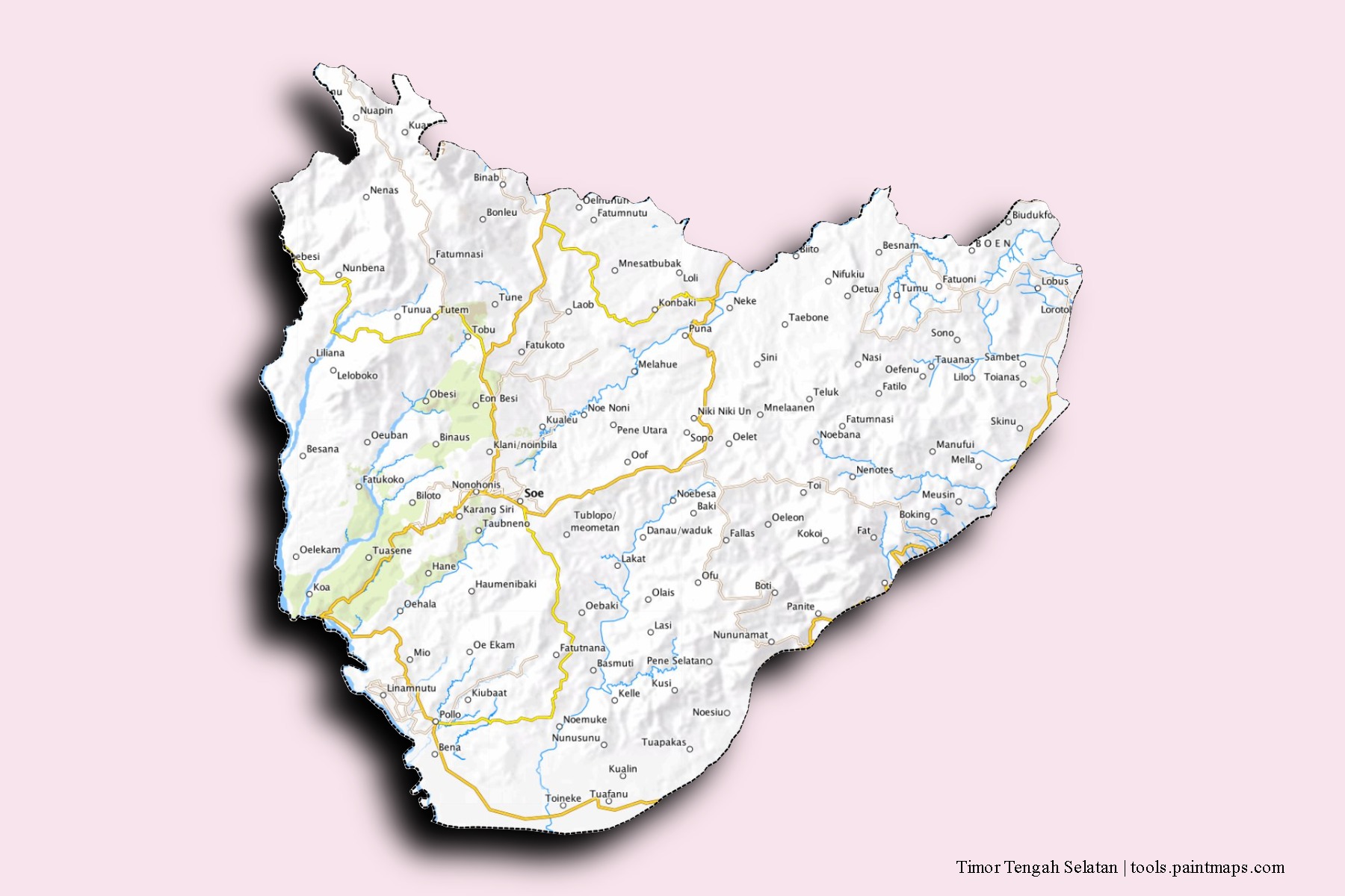 Mapa de barrios y pueblos de Timor Tengah Selatan con efecto de sombra 3D