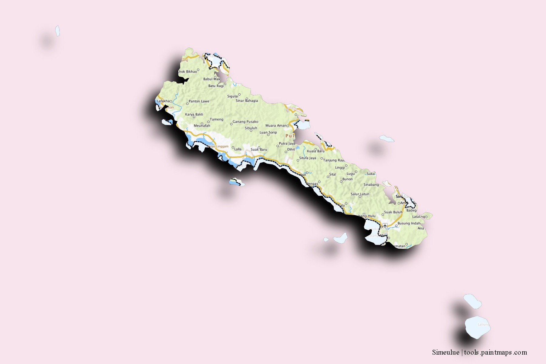 Simeulue neighborhoods and villages map with 3D shadow effect