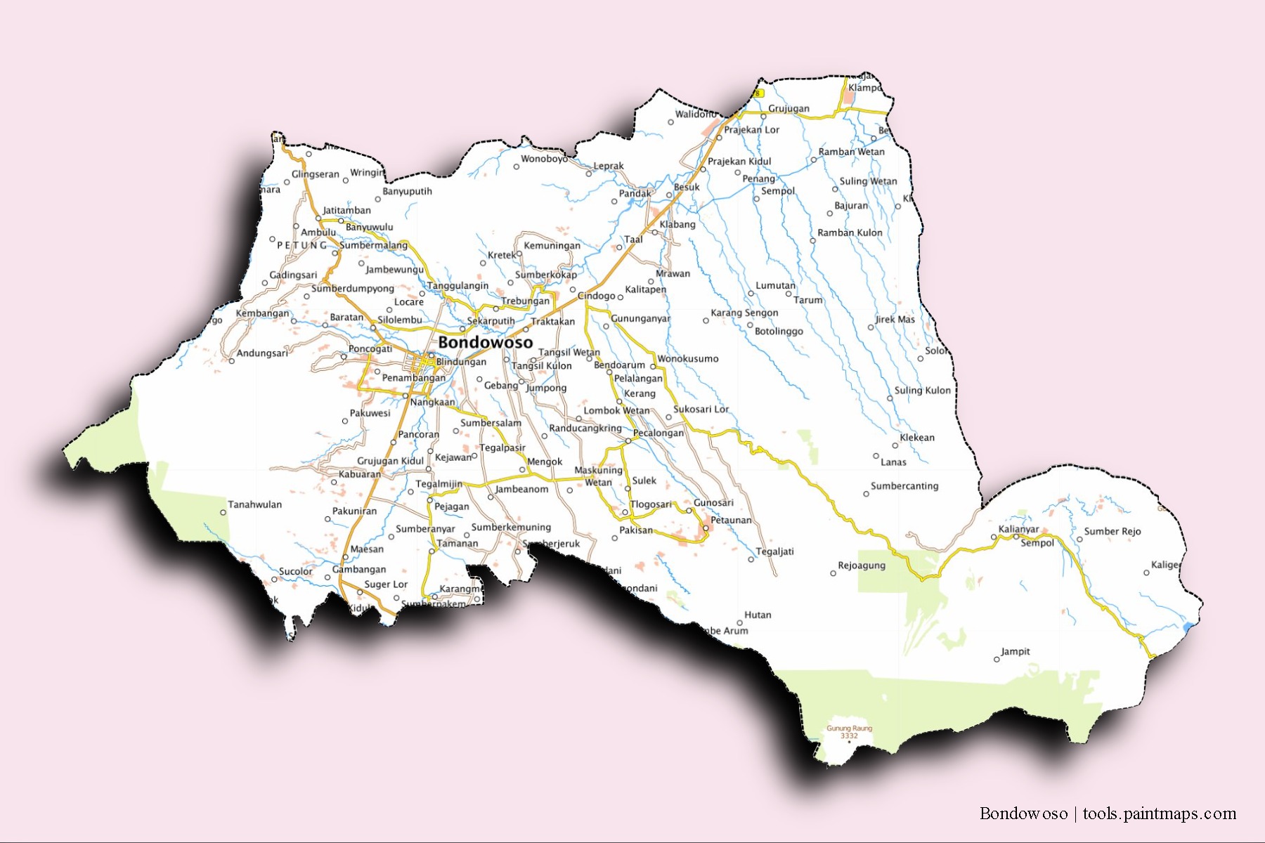 3D gölge efektli Bondowoso mahalleleri ve köyleri haritası