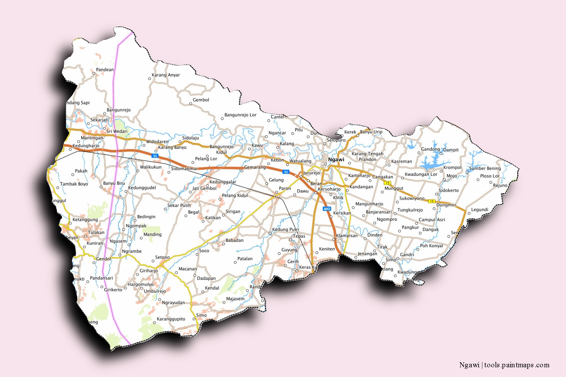 Mapa de barrios y pueblos de Ngawi con efecto de sombra 3D