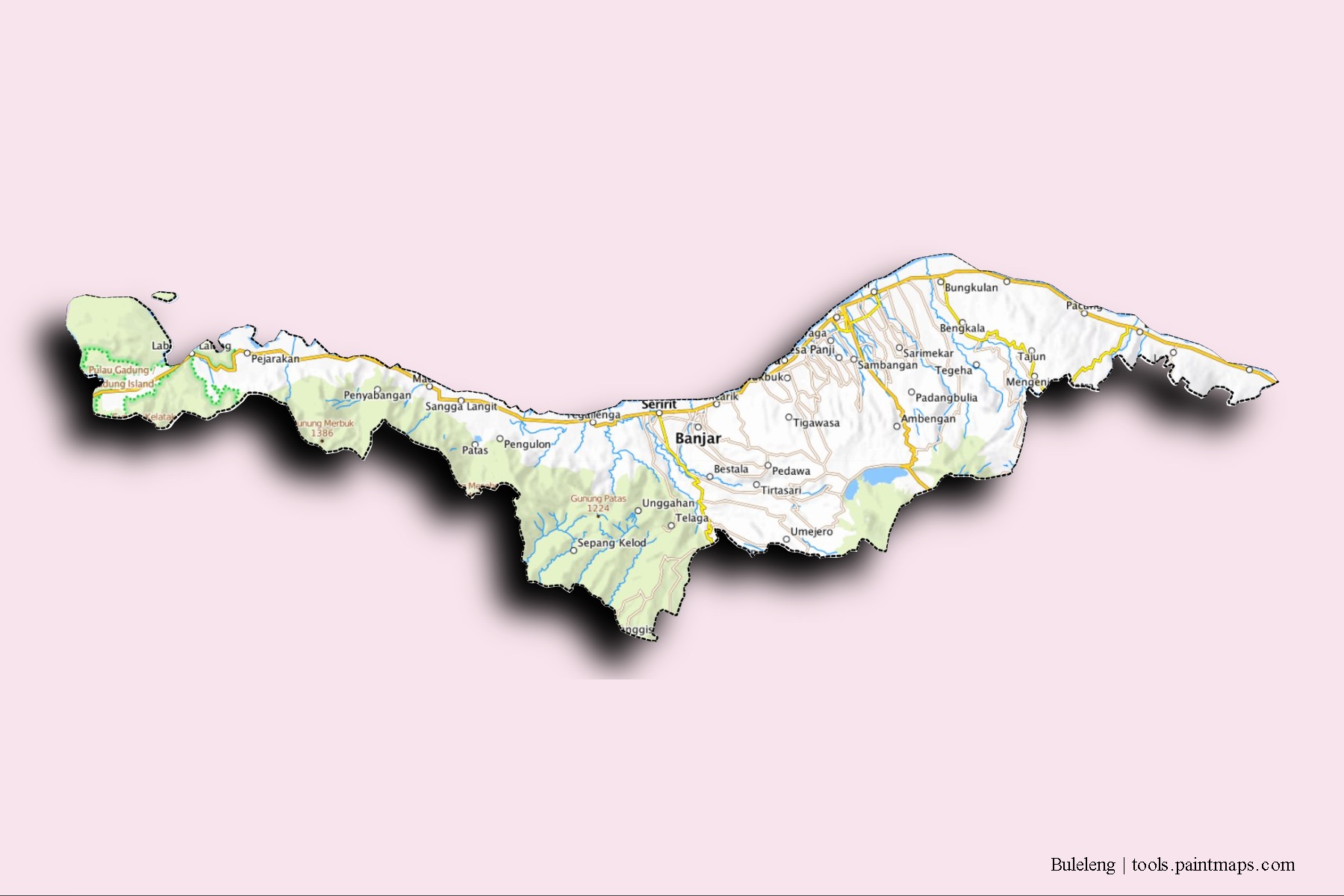 Mapa de barrios y pueblos de Buleleng con efecto de sombra 3D