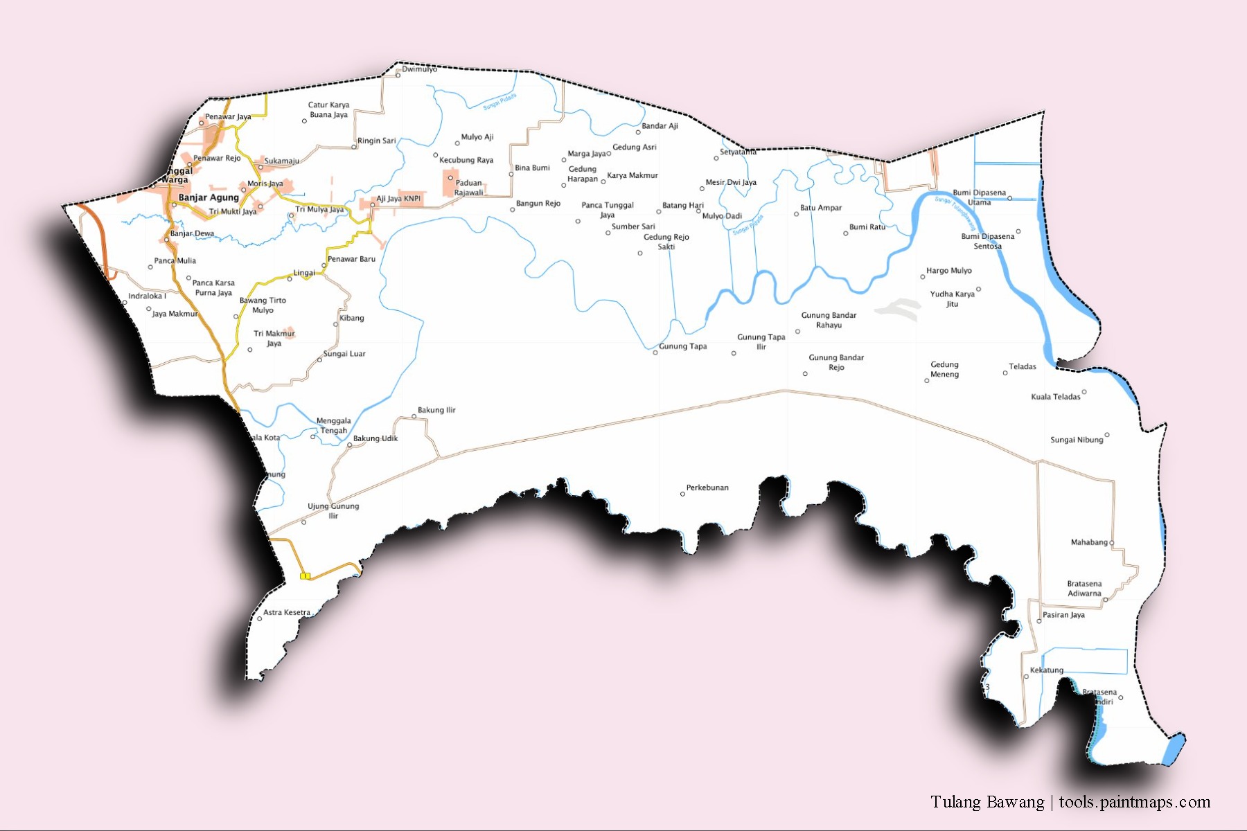 Tulang Bawang neighborhoods and villages map with 3D shadow effect