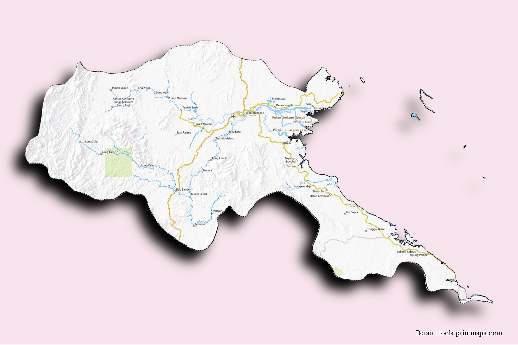 Berau neighborhoods and villages map with 3D shadow effect