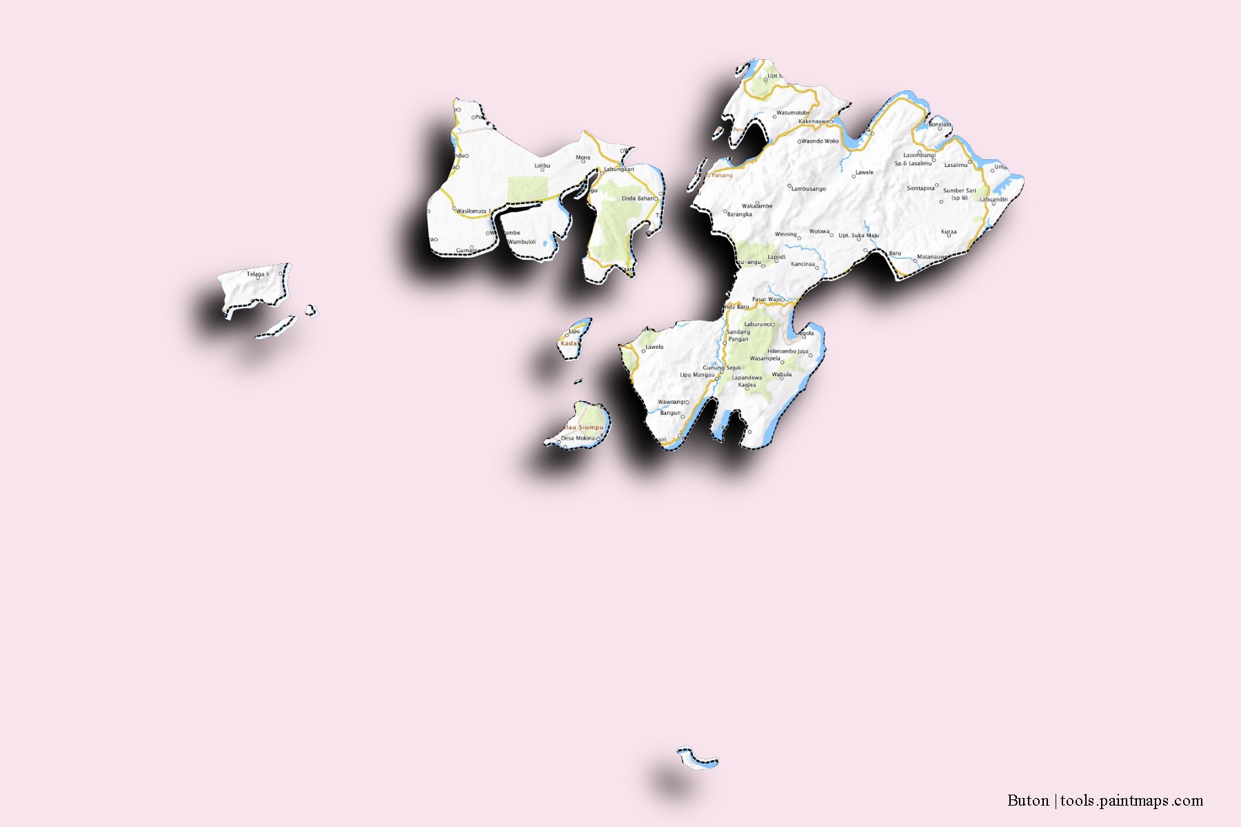 Mapa de barrios y pueblos de Buton con efecto de sombra 3D