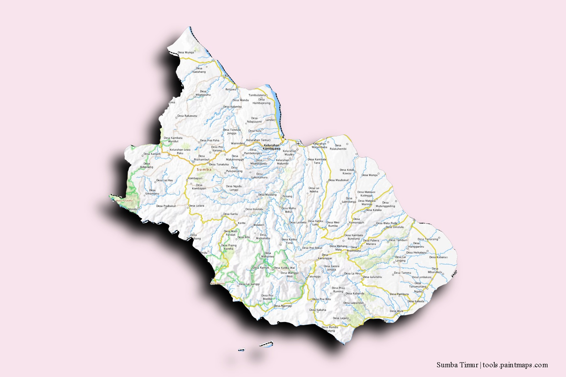 Mapa de barrios y pueblos de Sumba Timur con efecto de sombra 3D