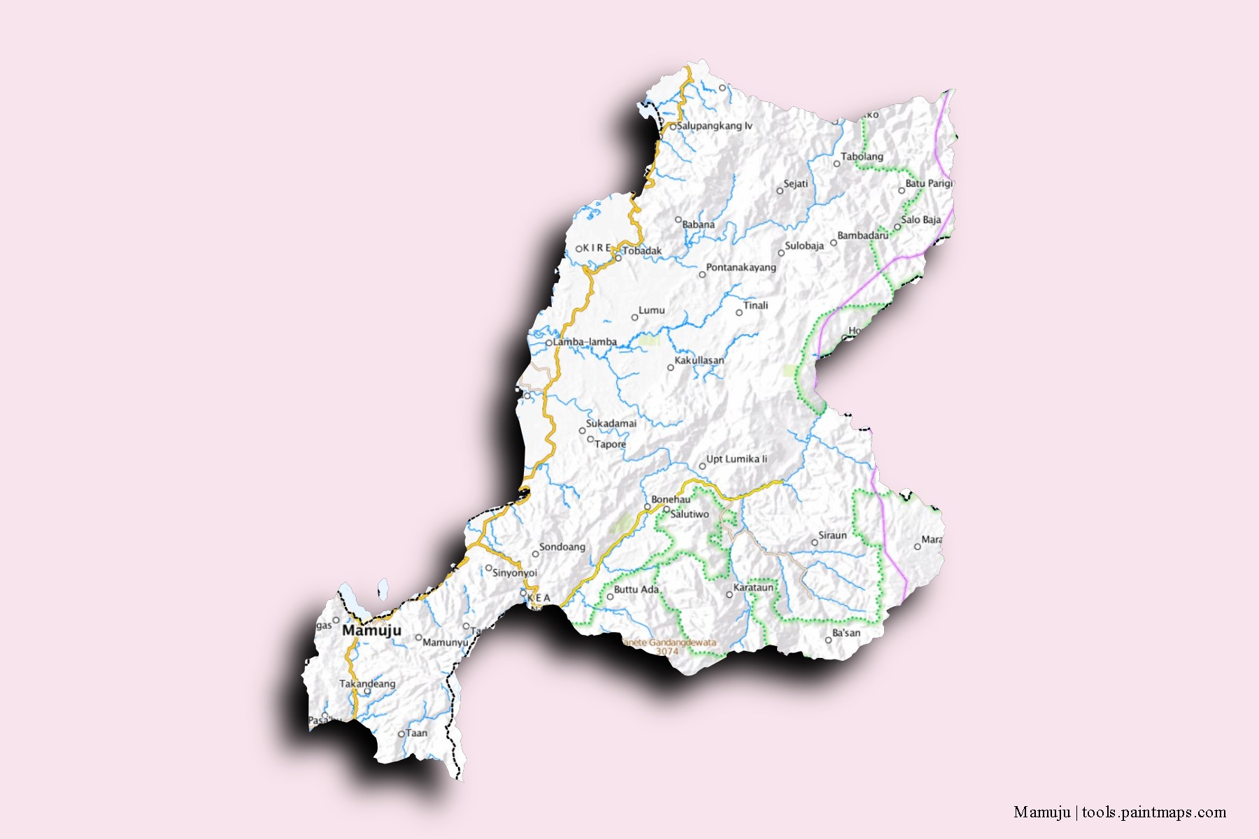 Mapa de barrios y pueblos de Mamuju con efecto de sombra 3D