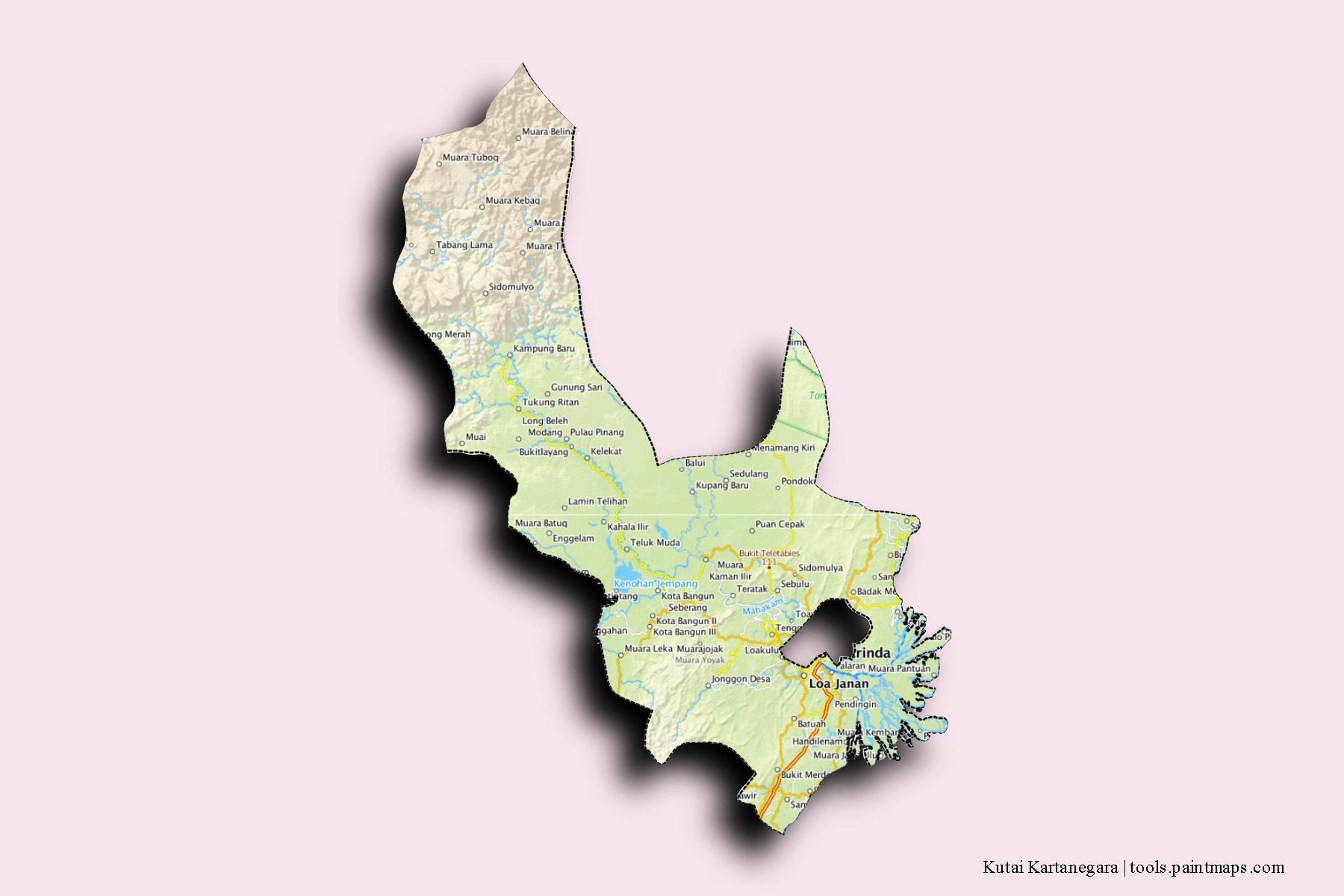 Mapa de barrios y pueblos de Kutai Kartanegara con efecto de sombra 3D