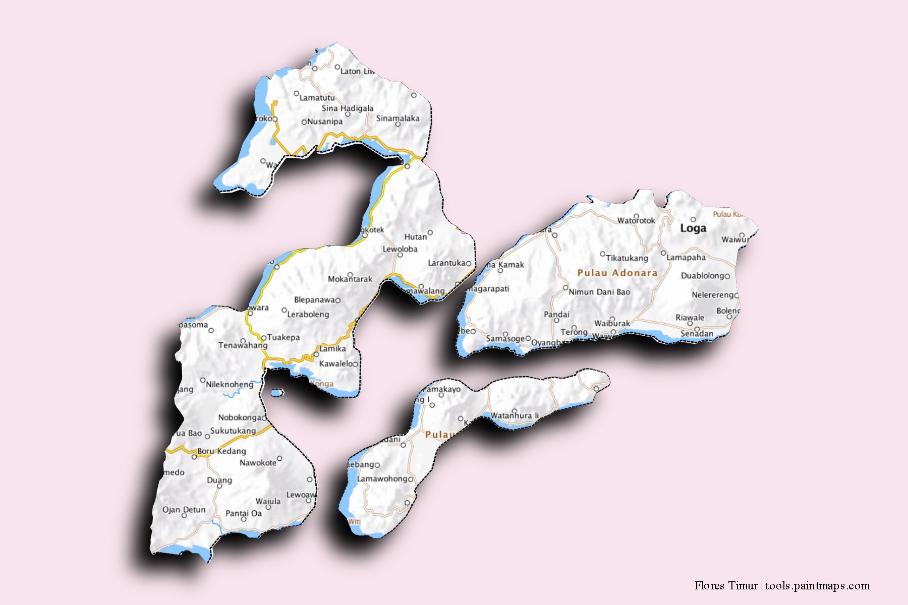 Mapa de barrios y pueblos de Flores Timur con efecto de sombra 3D