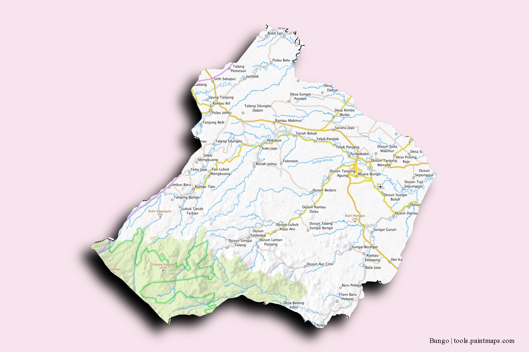 Mapa de barrios y pueblos de Bungo con efecto de sombra 3D