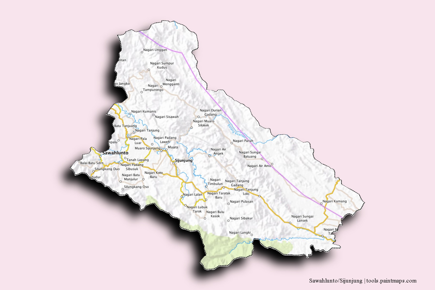 Sawahlunto/Sijunjung neighborhoods and villages map with 3D shadow effect