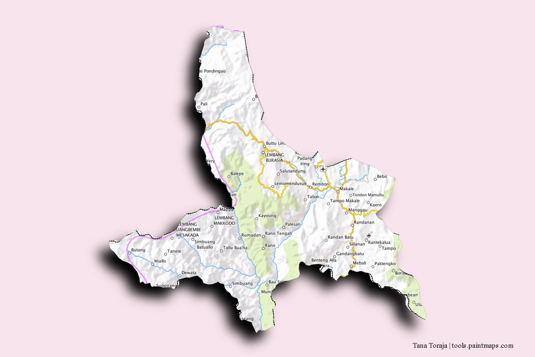 Tana Toraja neighborhoods and villages map with 3D shadow effect