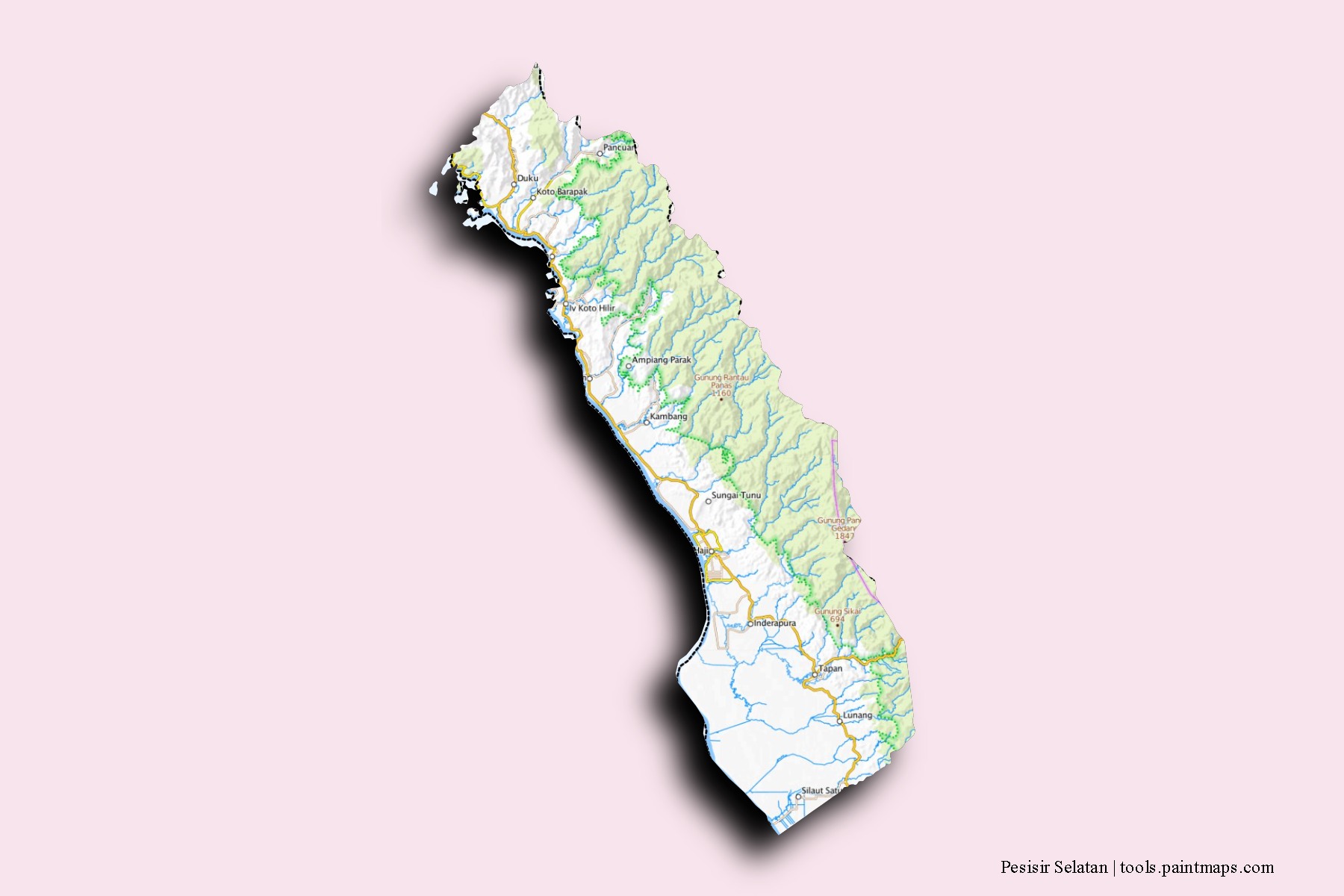 Mapa de barrios y pueblos de Pesisir Selatan con efecto de sombra 3D